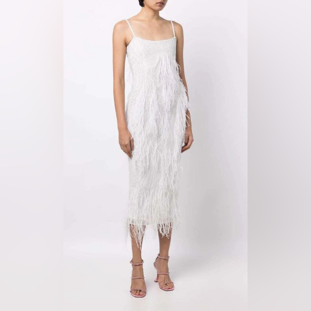 Rachel Gilbert Aster midi dress white sequins with feathers